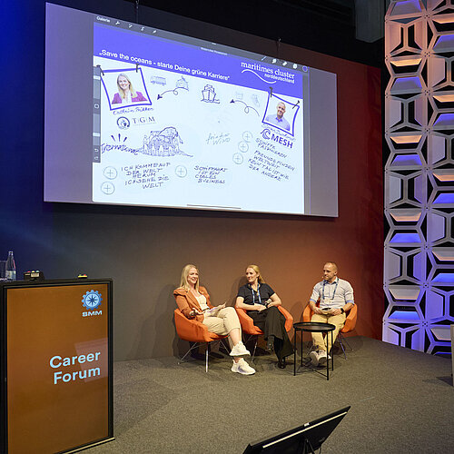 Zwei Frauen und ein Mann sitzen auf der Bühne im Career Forum und unterhalten sich. 