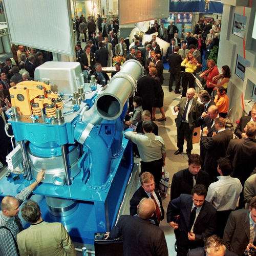 An aerial view of Wärtsilä's exhibition stand, with many visitors