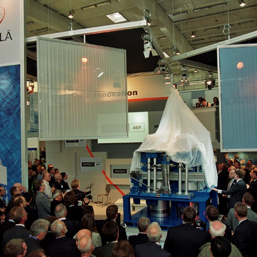 An elevated view of Wärtsilä's exhibition stand, with many visitors